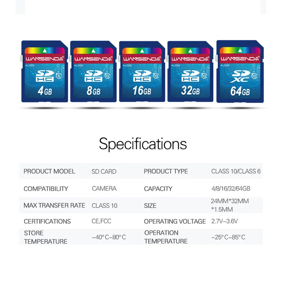 WANSENDA Memory Card SD Card 64GB 32GB 16GB 8GB 4GB SDHC Trans Flash Card SD Memory Card for Digital Camera