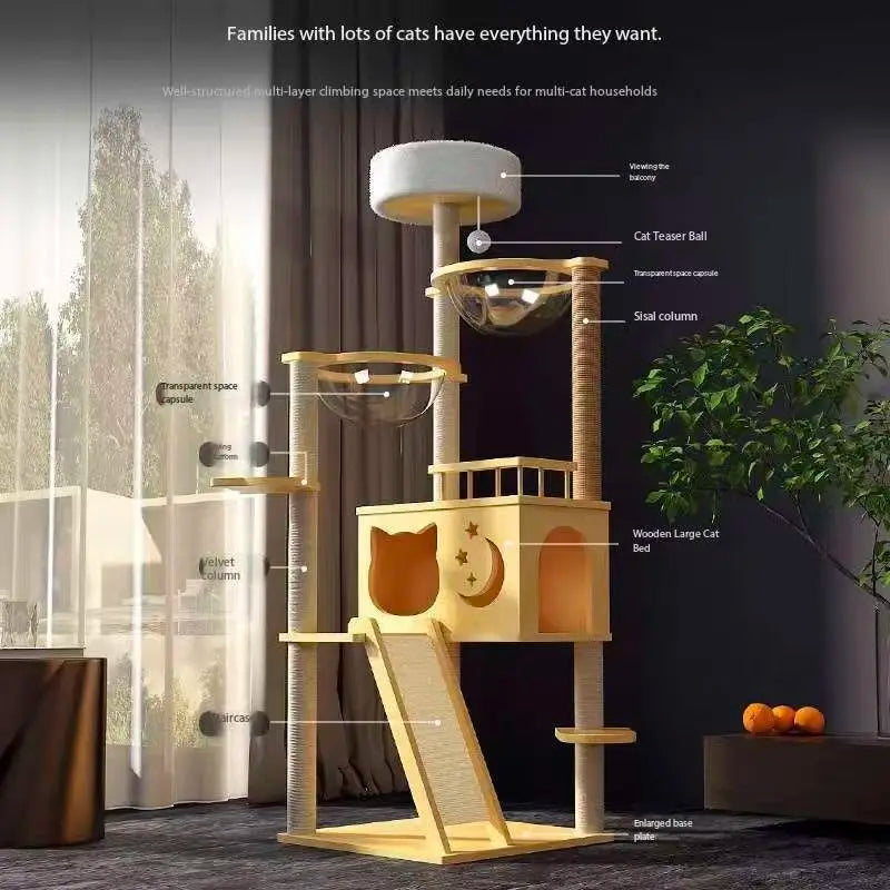 Cat climbing frame, cat bed,cat tree,all-in-one large sky pillar wooden cat stand, space capsule jump platform, pet cat supplies
