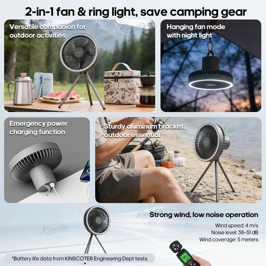 10000mAh Camping Fan Rechargeable Desktop Portable Air Circulator Wireless Ceiling Electric Fan with Power Bank LED Light Tripod