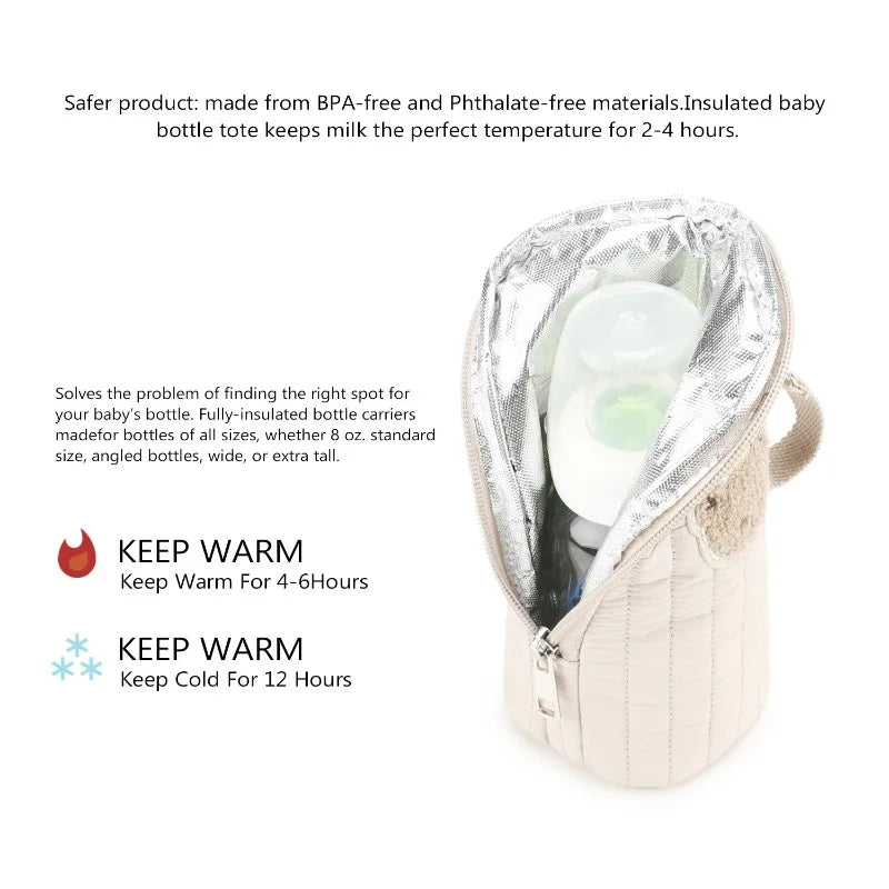 Cute Bear Design Baby Bottle Tote Bag with Aluminum Foil Insulation Bags Water Bottle Thermal Storage Pouch with Stroller Hook