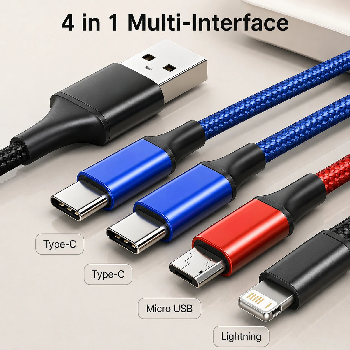 4 in 1 Multi Charging Cable 3A Fast Charger Nylon Braided USB Cable Type C Micro Lightning for iPhone Samsung Huawei Android