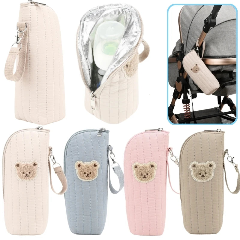 Cute Bear Design Baby Bottle Tote Bag with Aluminum Foil Insulation Bags Water Bottle Thermal Storage Pouch with Stroller Hook