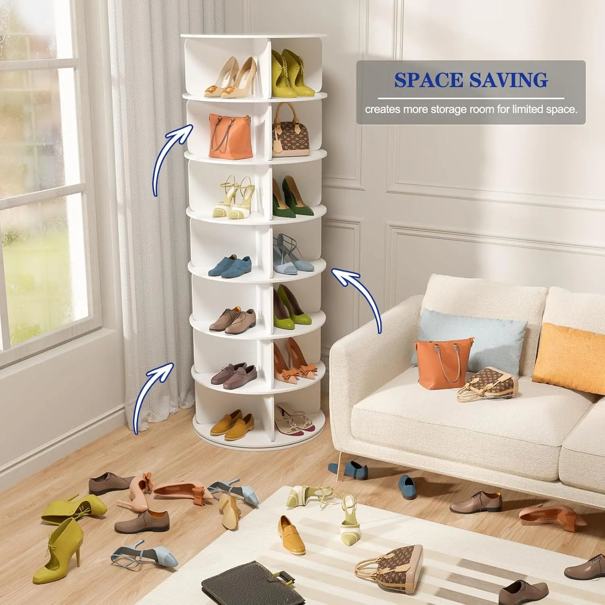 7 Tier Rotating Shoe Rack Tower, Free Standing 360° Shoe organizer Lazy Susan, Bag Display Rack Storage Round, Customized