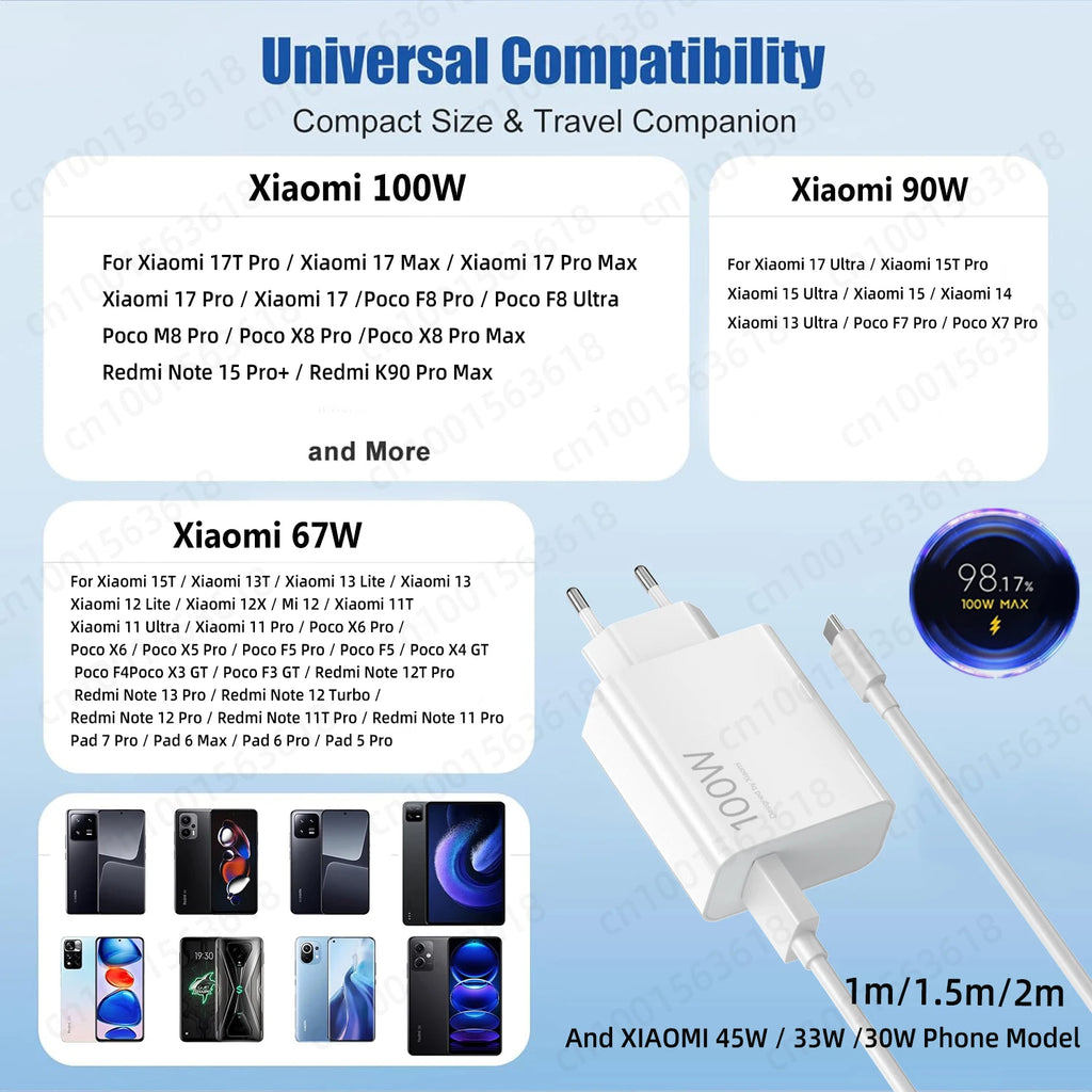 XIAOMI 100W Charger Original Mi 17 Ultra 15t Poco F8 M8 Pro F7 Redmi Phone Chargers Hypercharge Wall Adapter Type C Cable Xiaomi
