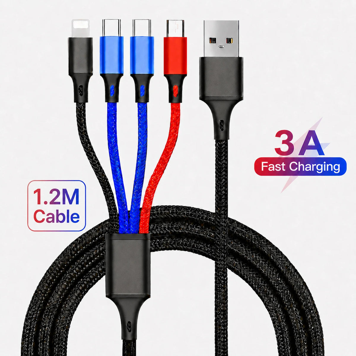 4 in 1 Multi Charging Cable 3A Fast Charger Nylon Braided USB Cable Type C Micro Lightning for iPhone Samsung Huawei Android