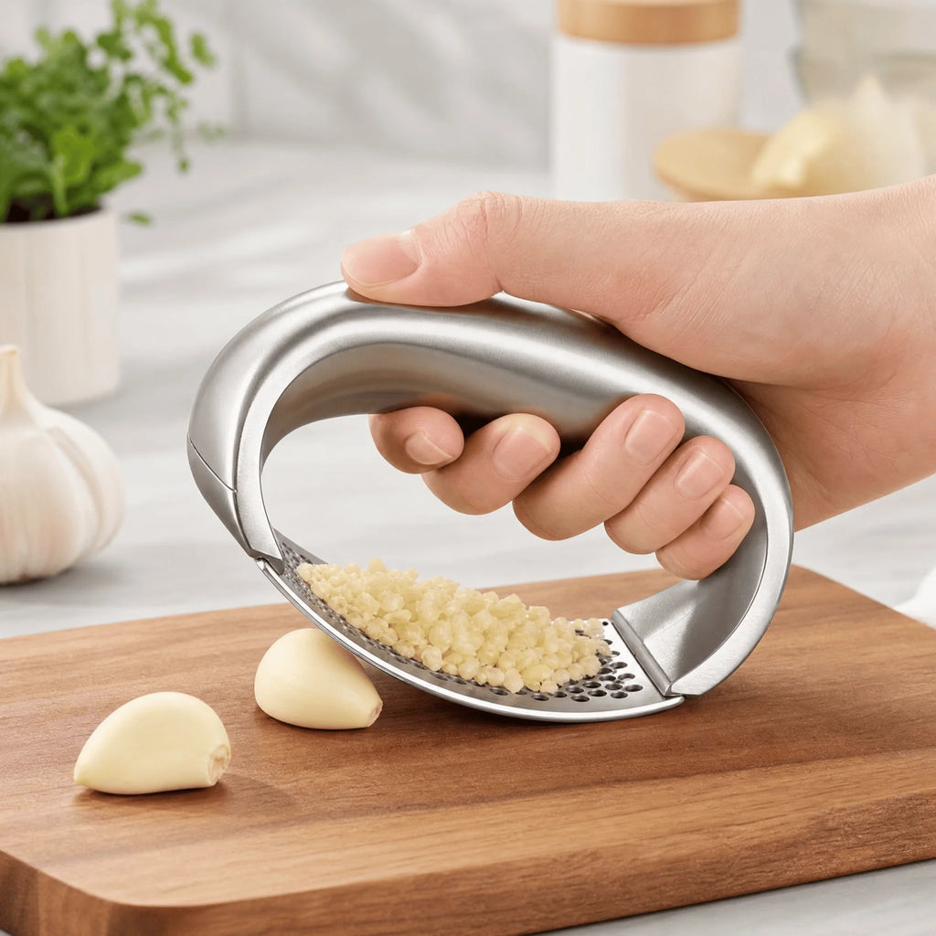 Stainless Steel Garlic Press, Curved Rocking Garlic Mincer Kitchen Gadget