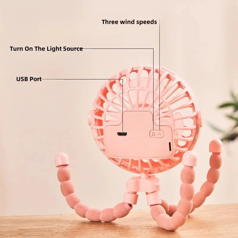 Multi Functional Student Baby Stroller Portable USB Rechargeable Lithium Battery Octopus Mini Fan