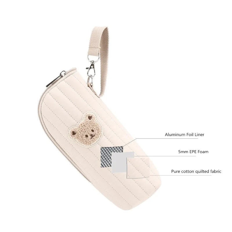 Cute Bear Design Baby Bottle Tote Bag with Aluminum Foil Insulation Bags Water Bottle Thermal Storage Pouch with Stroller Hook