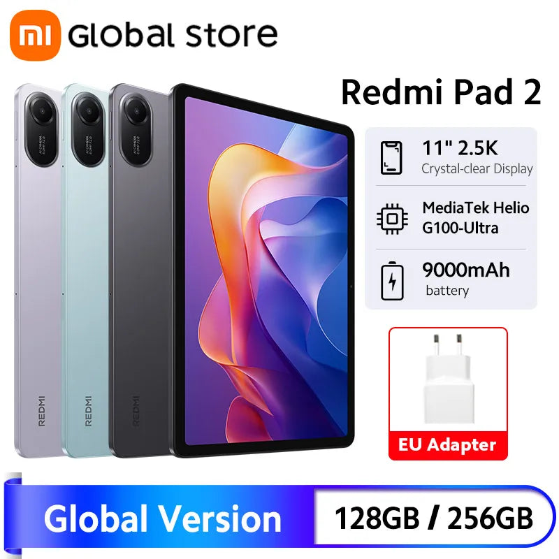 New Xiaomi Redmi Pad 2 Global Version Tablet 9000mAh Battery MTK Helio G100-Ultra 11' Display 8MP Camera Fast Charging 90Hz