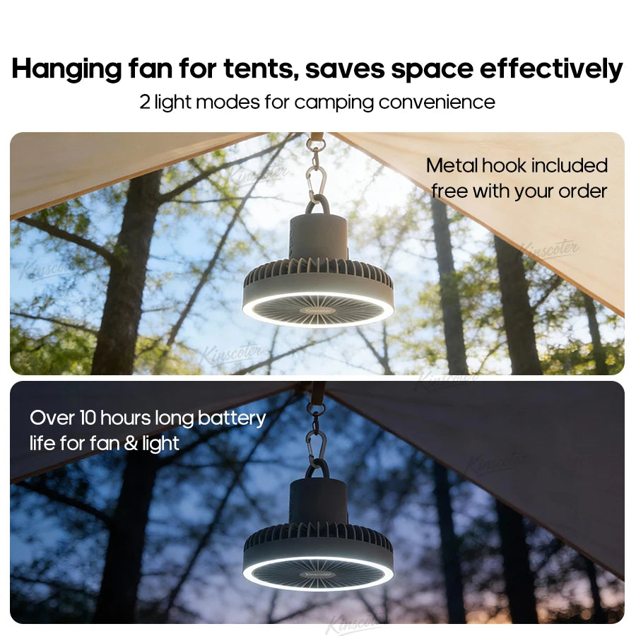 10000mAh Camping Fan Rechargeable Desktop Portable Air Circulator Wireless Ceiling Electric Fan with Power Bank LED Light Tripod