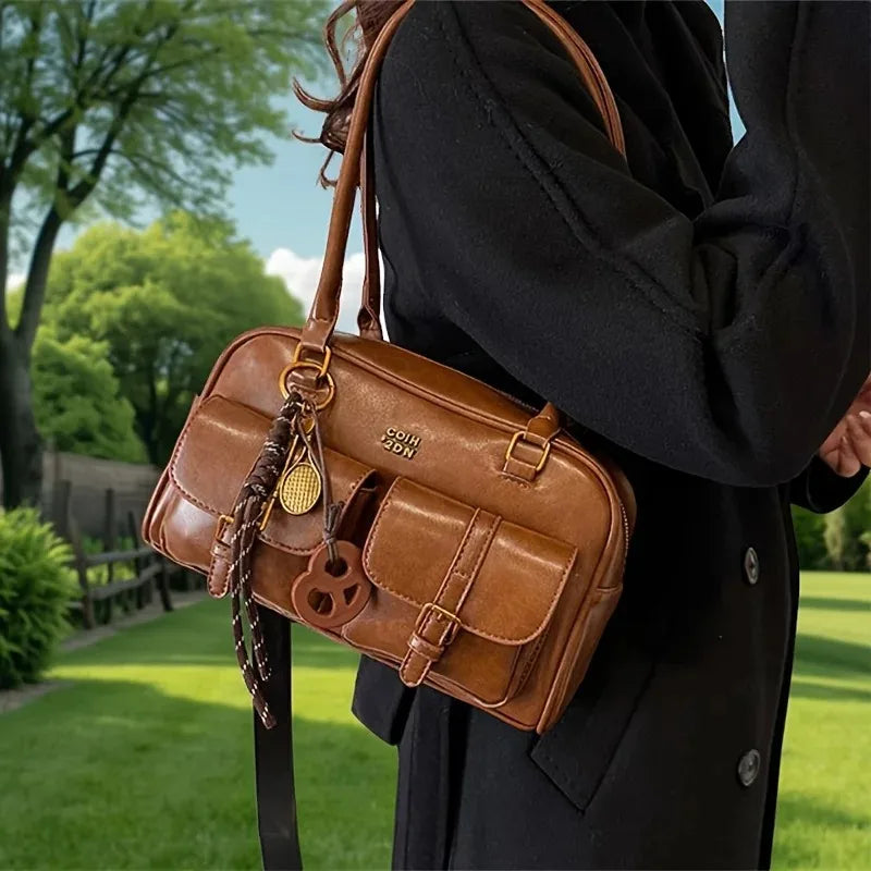 Women Multi Pocket Shoulder Tote Bag with Golden-Tone Hardware & Letter, Stylish Handbag Purse for Travel, Work, Shopping, Dates