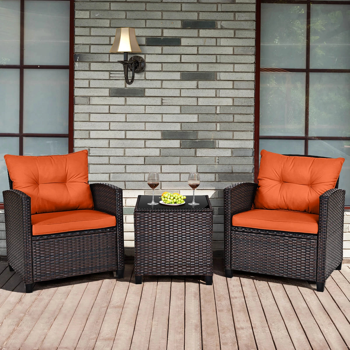 3 PCS Patio Rattan Furniture Set Cushioned Conversation Set Sofa Orange