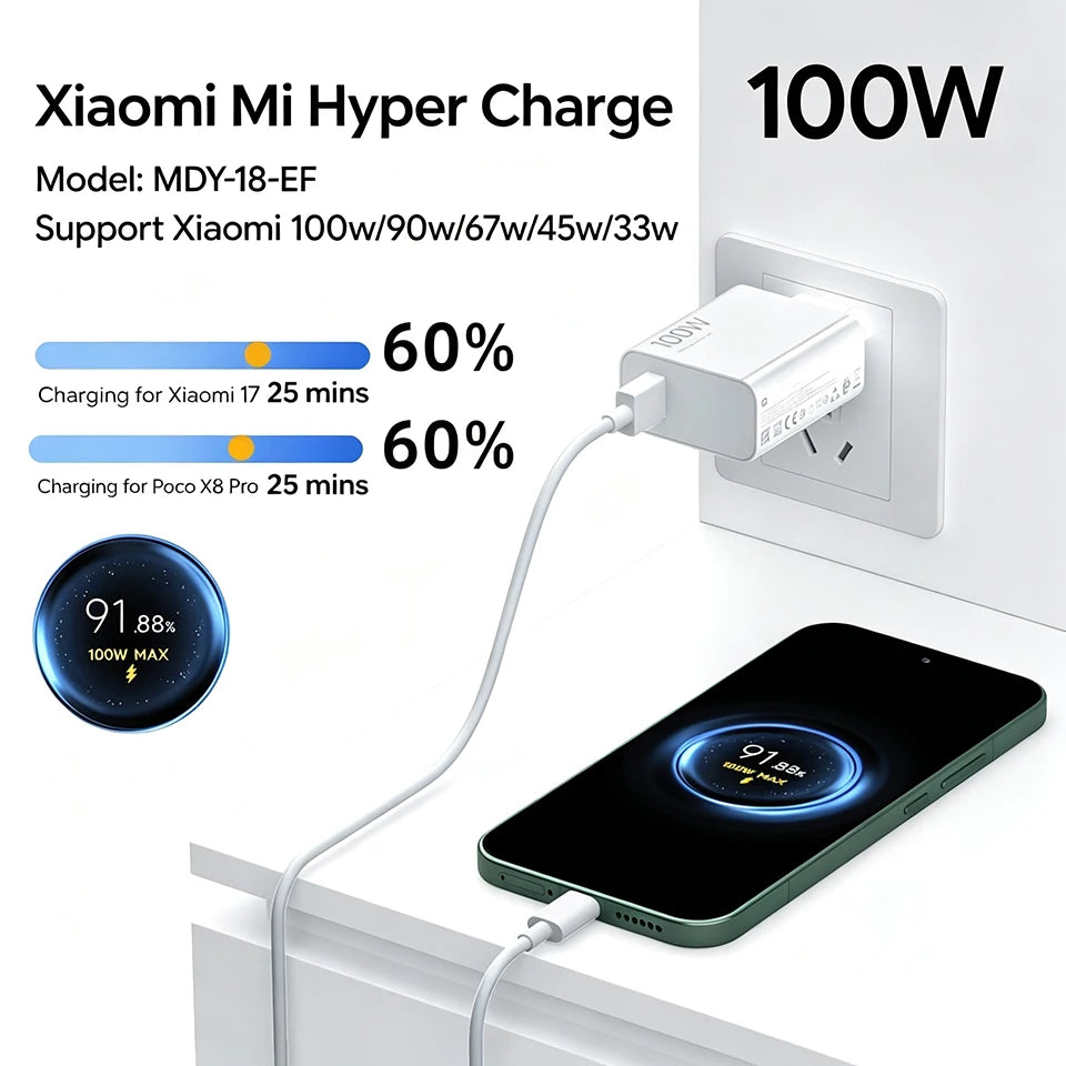 XIAOMI 100W Charger Original Mi 17 Ultra 15t Poco F8 M8 Pro F7 Redmi Phone Chargers Hypercharge Wall Adapter Type C Cable Xiaomi