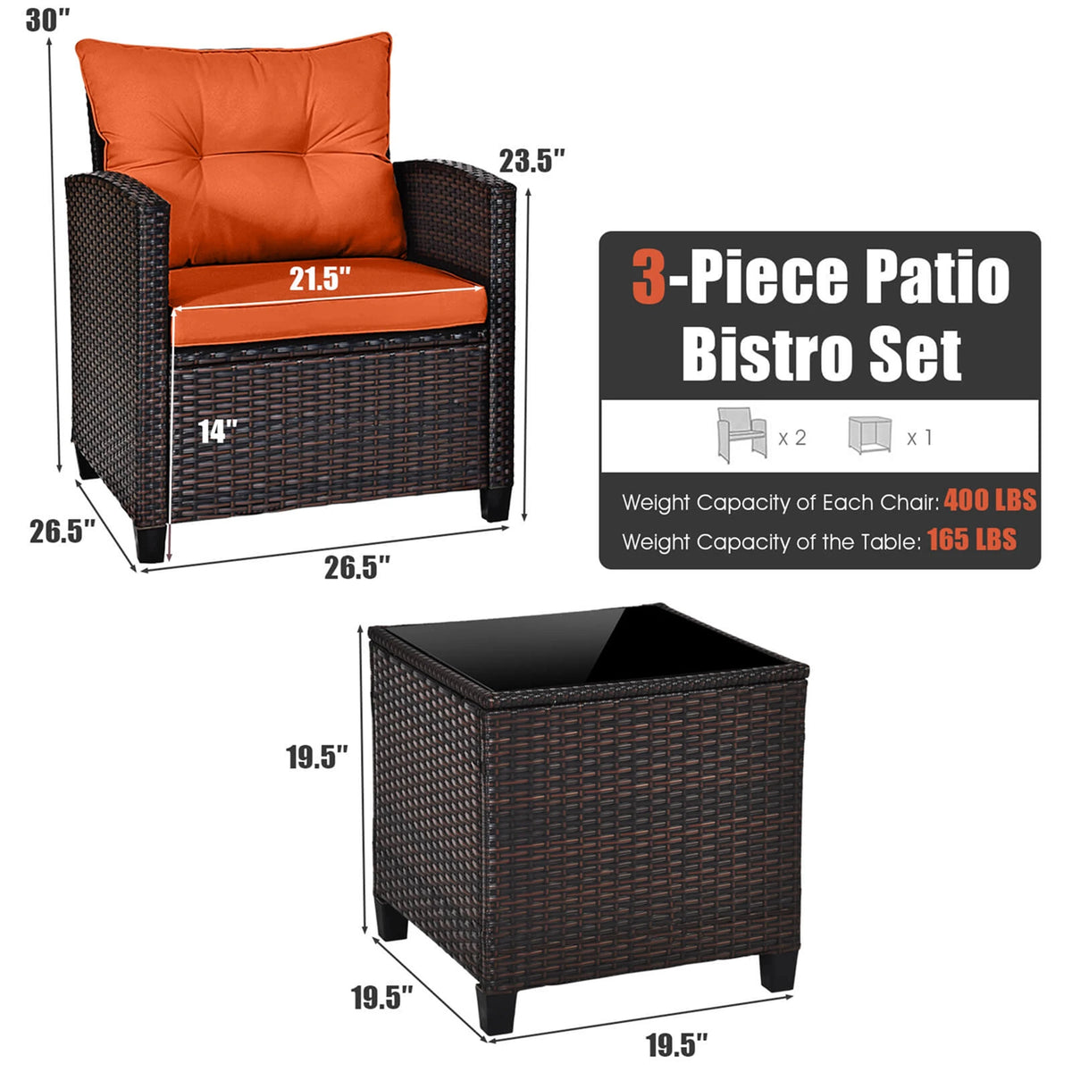 3 PCS Patio Rattan Furniture Set Cushioned Conversation Set Sofa Orange