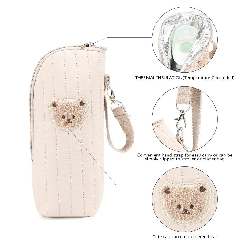 Cute Bear Design Baby Bottle Tote Bag with Aluminum Foil Insulation Bags Water Bottle Thermal Storage Pouch with Stroller Hook